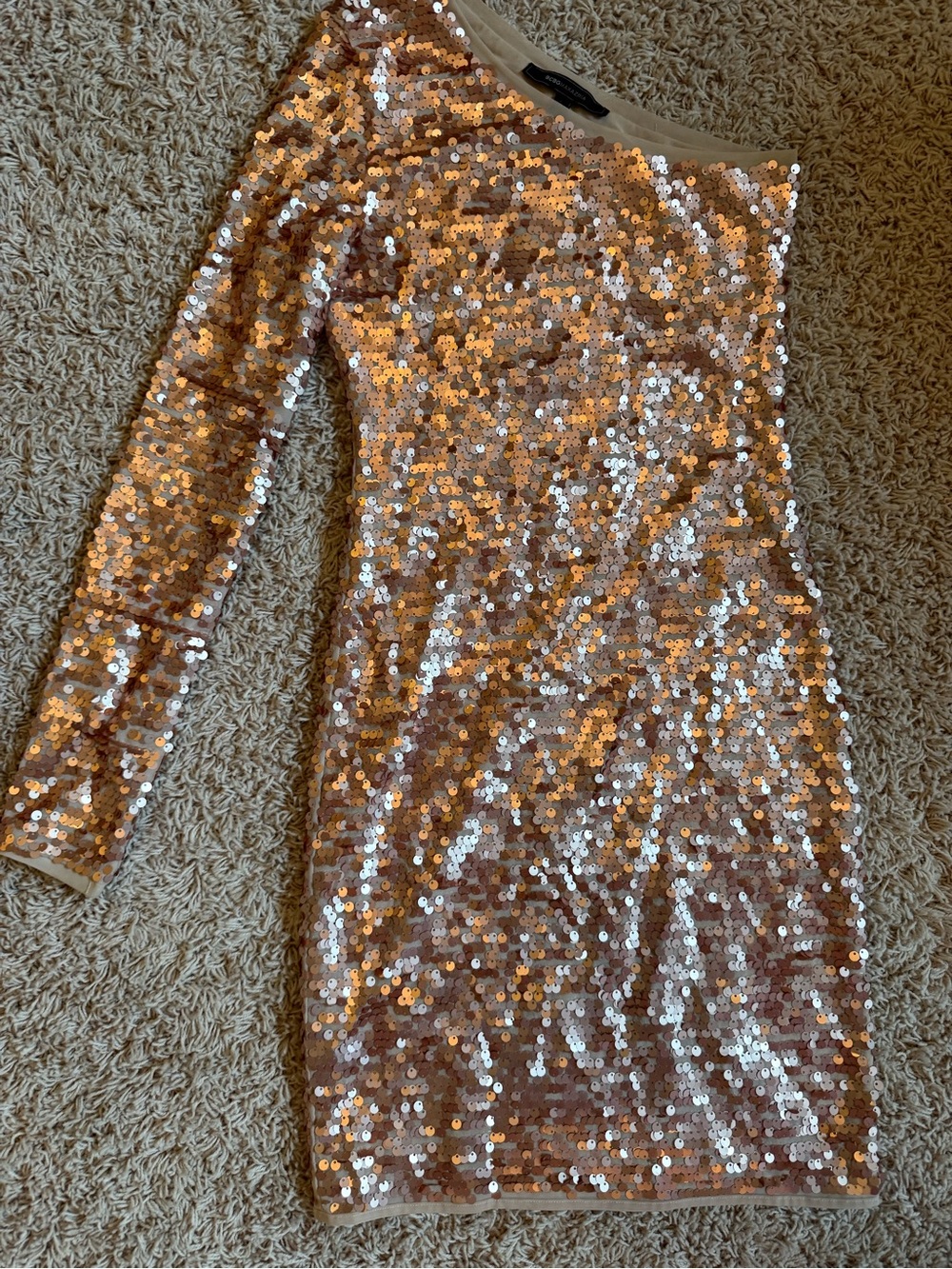 BCBGMaxAzria Rose Gold Sequin One-Shoulder Dress